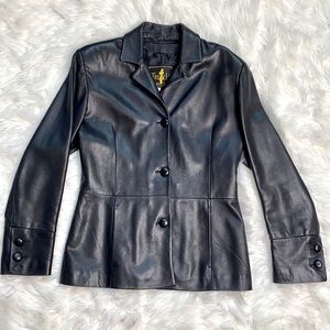 Vintage Italian Leather Button Down Fitted Black Jacket Coat